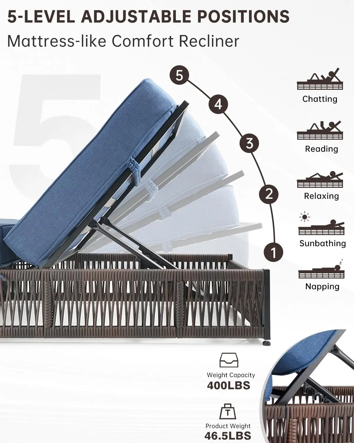 2 Piece Outdoor High Back Chaise Lounge Side Table Set Brown Wicker Cushions