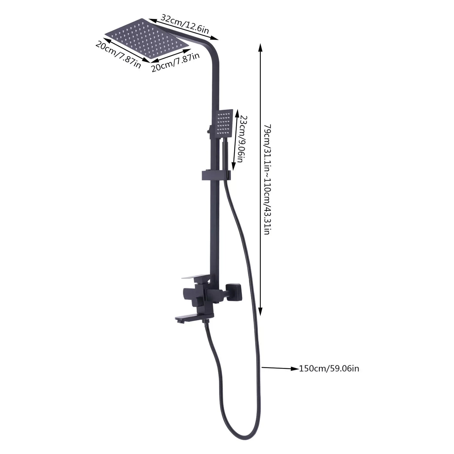 Shower Faucet Set Rainfall Shower Head Handle Combo Kit Wall Mount Black Stainless Steel Waterfall Jets