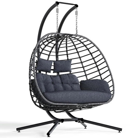 Double Egg Swing Chair With Stand Cushioned Outdoor Patio 2 Person Hammock