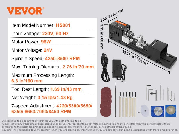 SucceBuy Mini Wood Lathe Machine 2.76inx6.3in 24VDC 96W Machine Accessories 7 Speed s for DIY Woodworking Wood Drill Rotary Tool