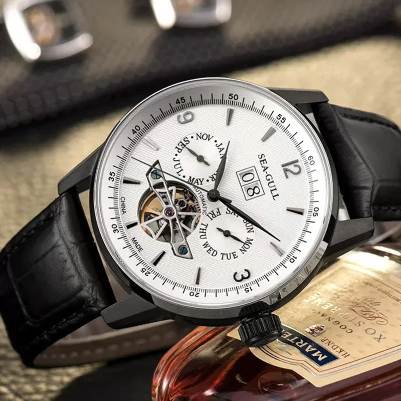 Sea Gull Men Automatic Watch Flywheel Mechanical Calendar Week Month Waterproof