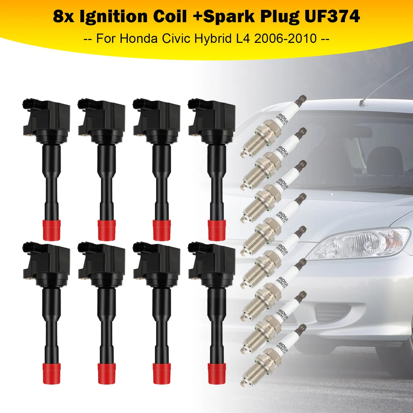 8X UF374 Ignition Coils And Spark Plugs For Honda Civic Hybrid L4