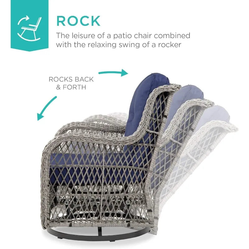 3 Piece Outdoor Wicker Patio Bistro Set with 2 360 Degree Swivel Rocking Chairs and Tempered Glass Top Side Table Navy