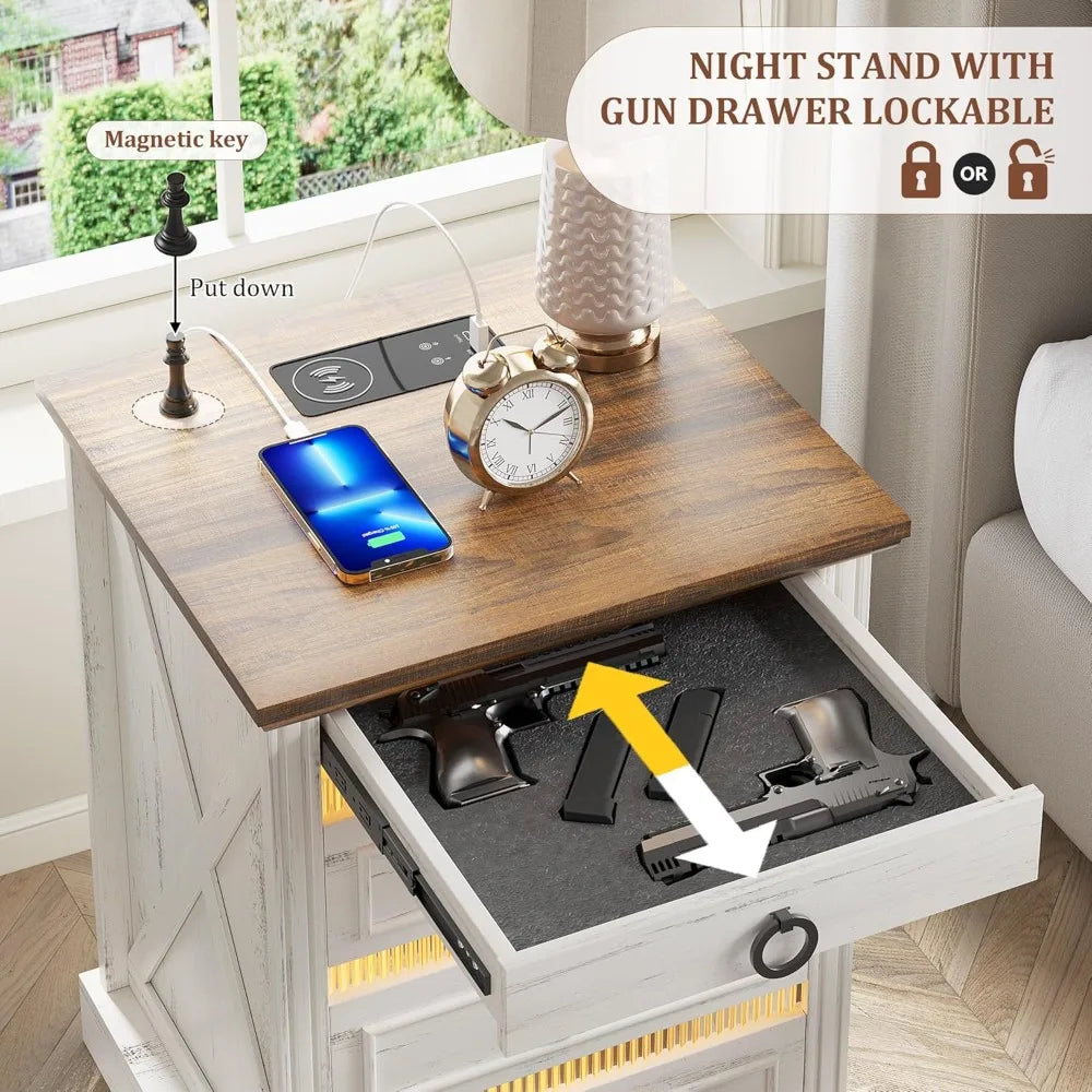 Farmhouse Night Stand with Gun Drawer Bedside Table with Charger Station LED Nightstand with Human Sensor Light Smart End Table
