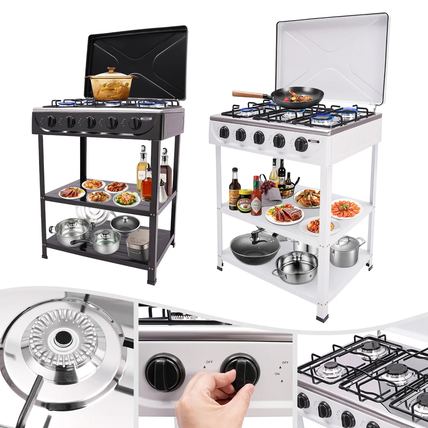 5 Burner Propane Gas Stove with Support Leg Stand and Wind Blocking Cover 2.5KW Independent Control Camping Stove