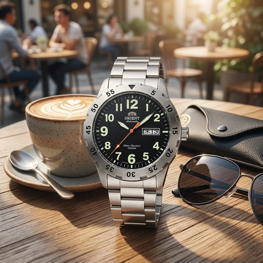 Orient Japanese Automatic Wristwatch for Men, 100M Water Resistant Dual Day Date Luminous Stainless Steel Sports Watch