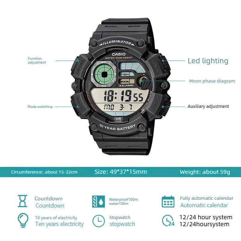 Casio WS-1500H Series Men's Large Dial Wristwatch Multifunctional Digital Display Waterproof Sports Leisure Electronic Watch