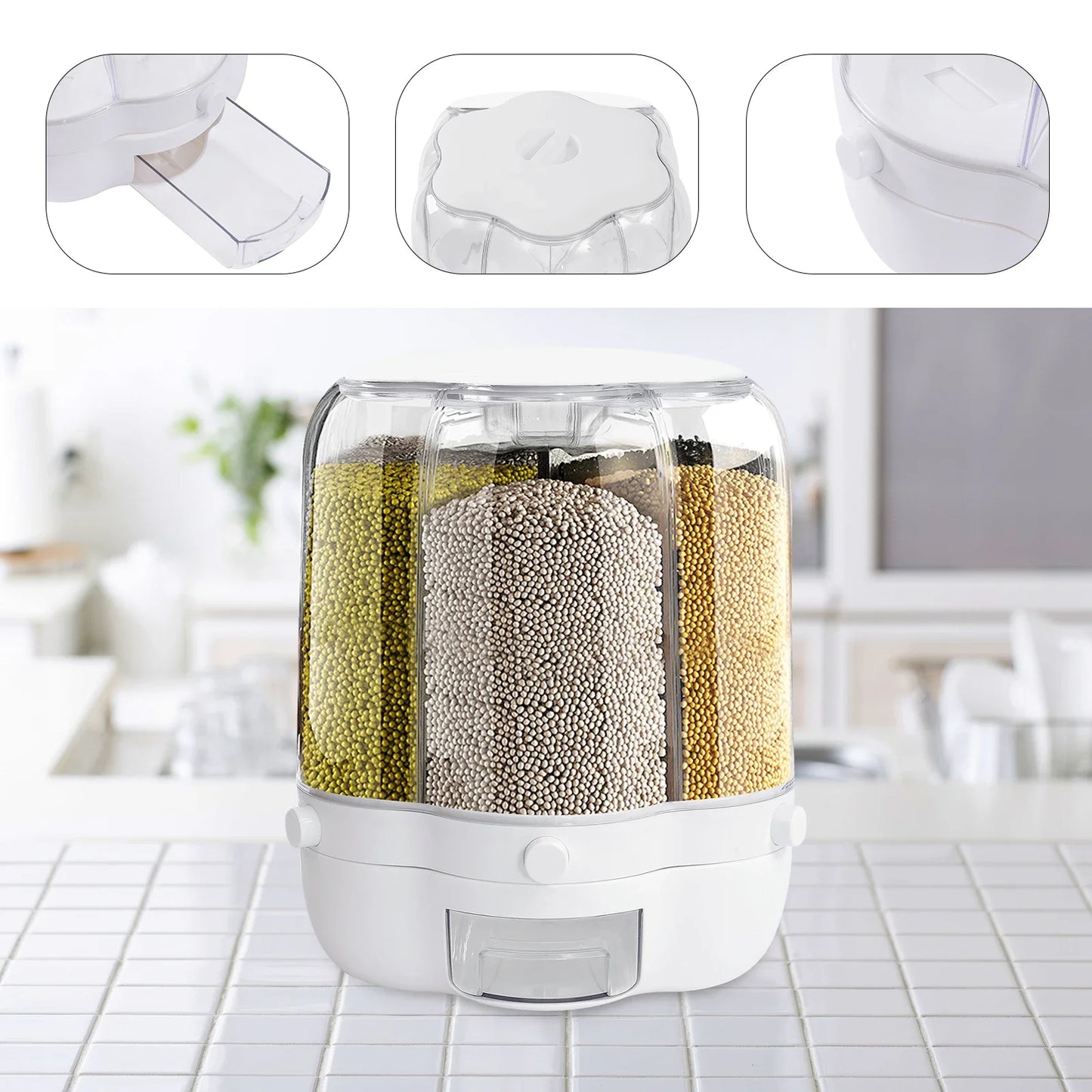 Rotating Food Dispenser Rice Dispenser 6 Grid Rice Bucket Whole Grains Rice Container Storage with Lid Dry for Kitchen White