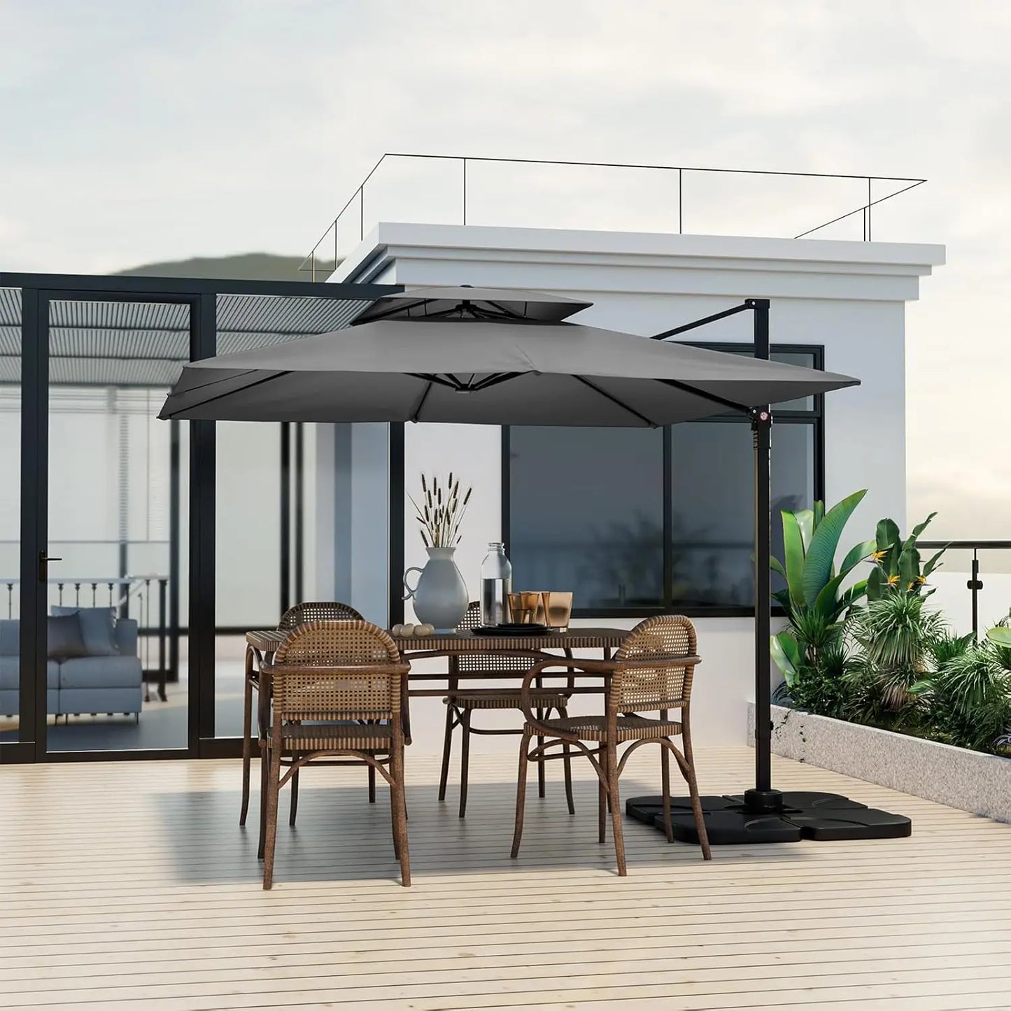 9.5 FT Cantilever Patio Umbrella Outdoor Square Offset Umbrella with 360 Degree Rotation Heavy Duty Hanging Umbrella