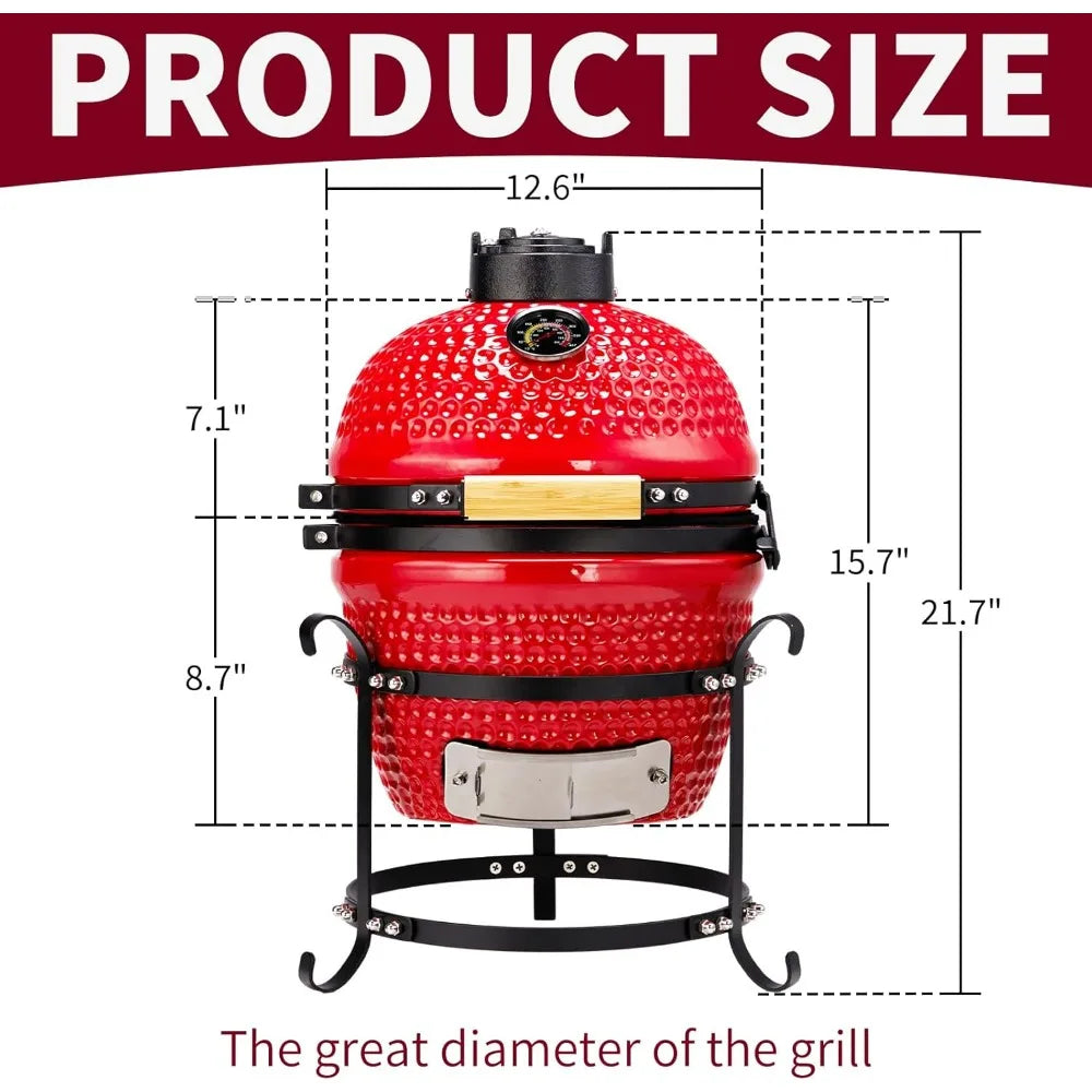13" Round Kamado Charcoal Grill, Portable Ceramic Barbecue Grill With Thermometer For Variations On Cooking Methods(Red)