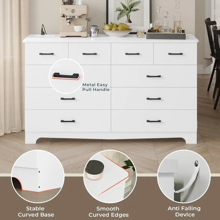 White Dresser for Bedroom with 10 Drawers Large Chest of Drawers Storage Organizer Long Dresser TV Stand with Power Outlets Wide Dressers for Bedroom Living Room 55.1 Inches W x 32.3 Inches H