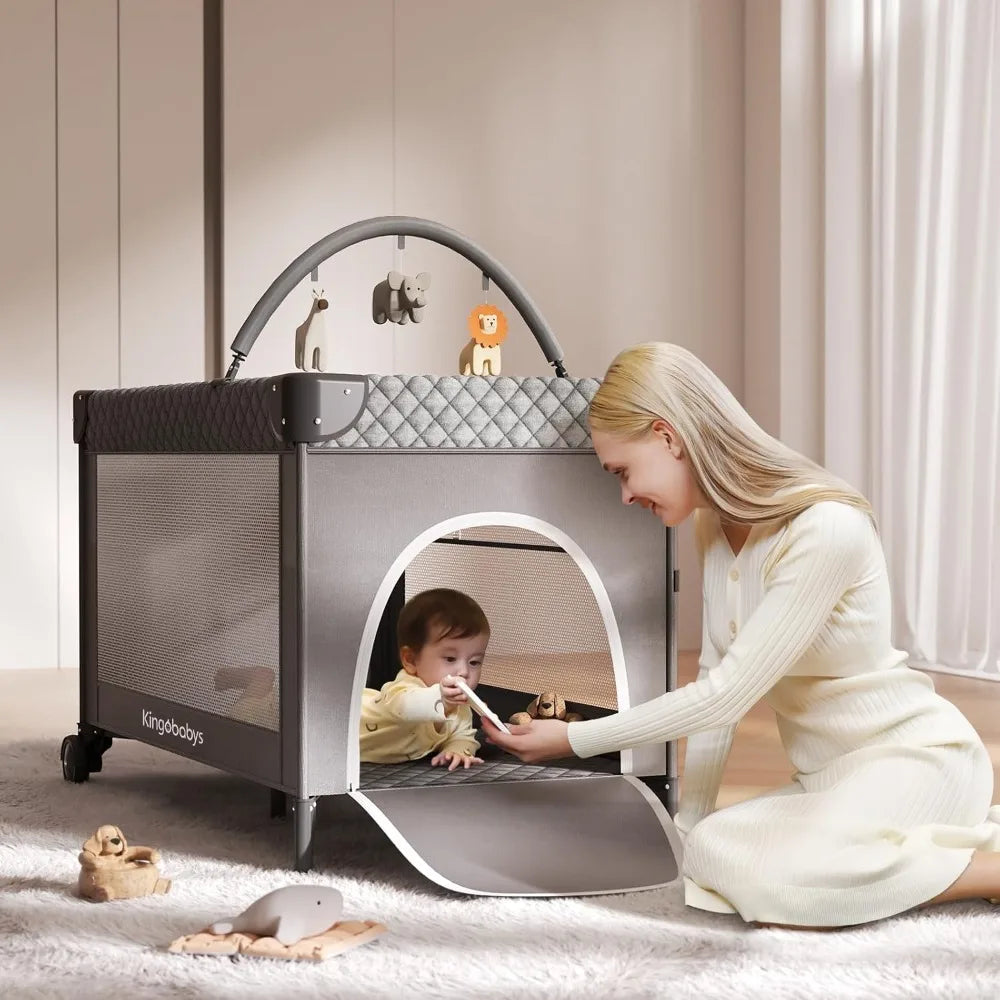 4 In 1 Baby Bassinet Pack and Play Bedside Crib Sleeper with Bottom Storage and Toy Bar for Newborns and Toddlers