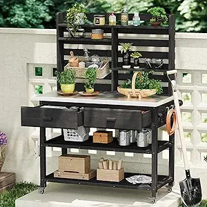 Outdoor Potting Bench With Lockable Wheels Stainless Steel Top And Towel Rack