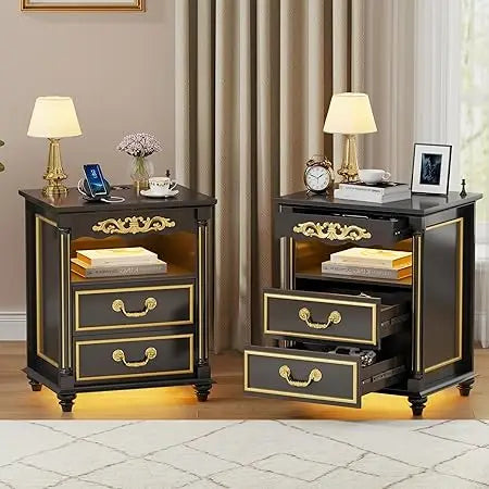 Set of 2 Nightstand with Gun Drawer Charging Bedside Table with USB and Type-C Port Retro Design with Human Sensor Light
