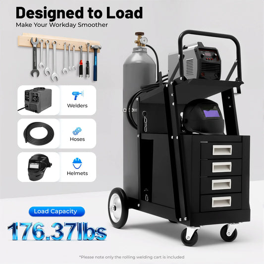 Welding Cart Rolling Welding Car with 4 Drawers Welding Carts 80kg Capacity with Safety Chains for Mig/Tig Welder and Plasma Cut