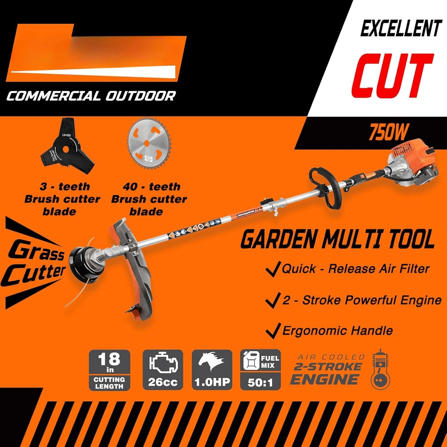 26cc 6 in 1 Gas Powered Multi Functional Trimming Tools Hedge Trimmer Weed Eater String Trimmer Brush Cutter Edger Pole Saw Chainsaw Pruner