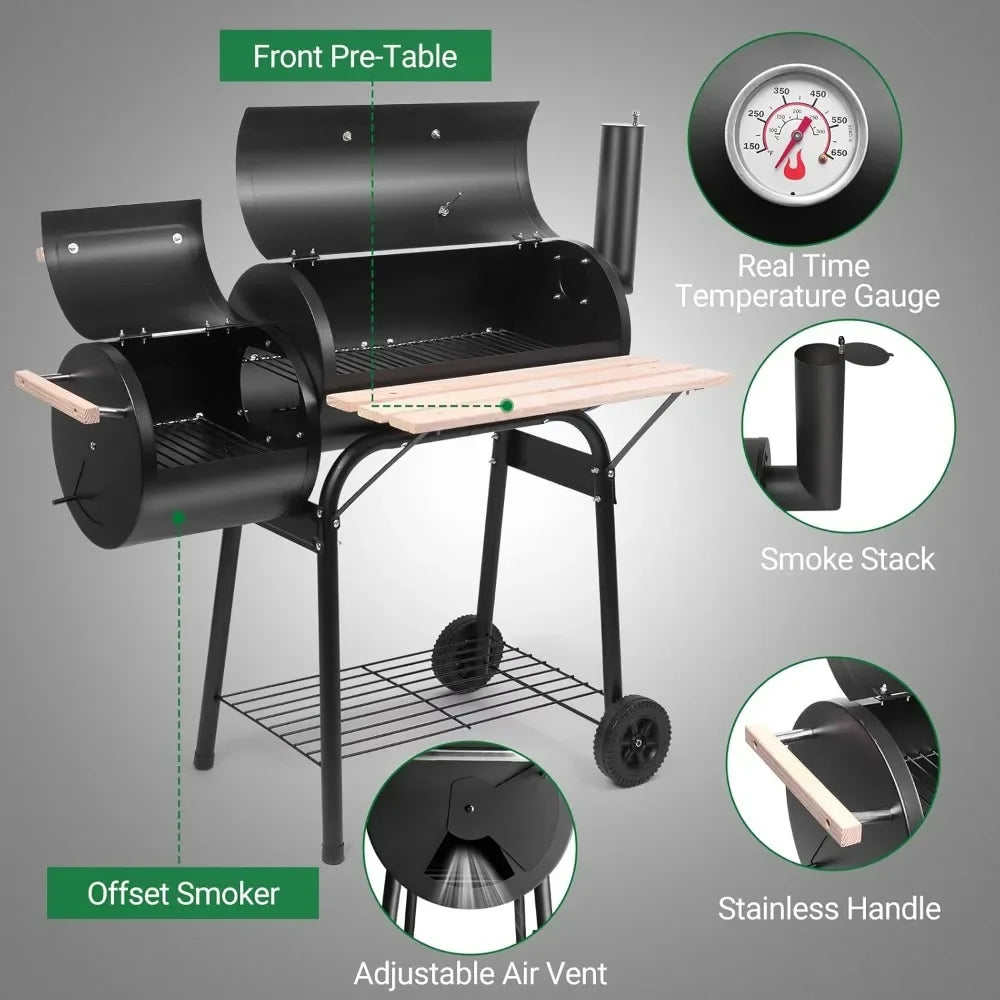 Charcoal Grill and Offset Smoker Outdoor Patio Barbecue Cooker with Wheels Side Fire Box for Camping Picnic Party