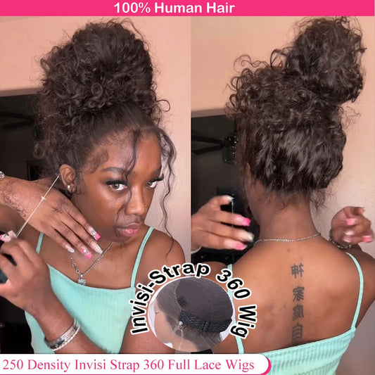 Invisible Strap 360 HD Full Lace Glueless Wig Human Hair Pre Cut 36 Inches 250 Density Deep Curly 360 Lace Front Wig Preplucked