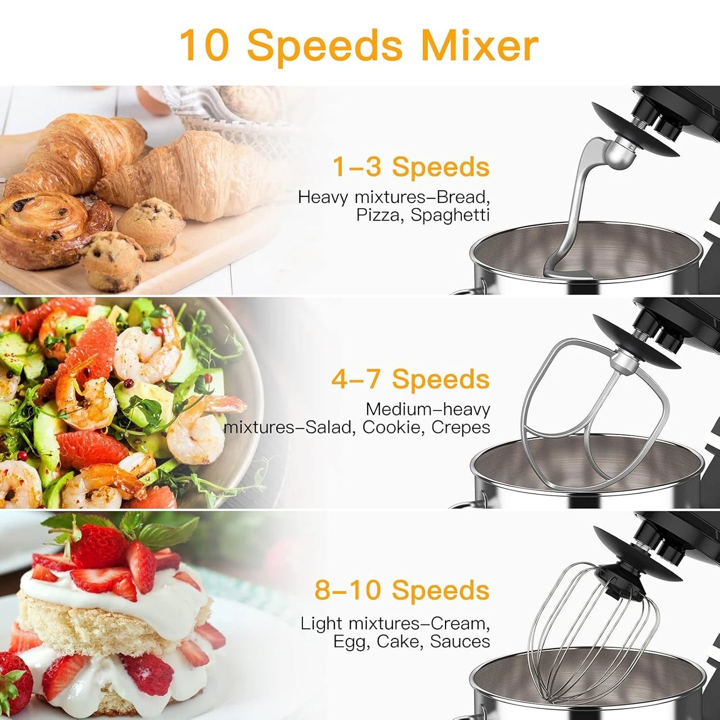 Electric Food Mixer 7.5QT 600W 10 Speed Tilt Head Stand Mixer with Stainless Steel Bowl 3 in 1 Kitchen Countertop Mixer