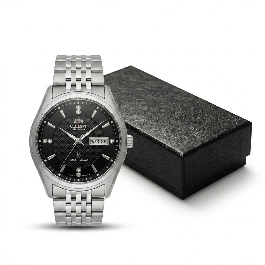 Orient Men's Business Automatic Mechanical Watch Dual Calendar Week Display Crystal Hour Markers Stainless Steel Band Wristwatch