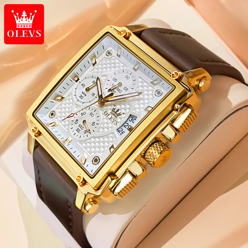 OLEVS Men Quartz Chronograph Watch Waterproof Leather Band Rectangle Case