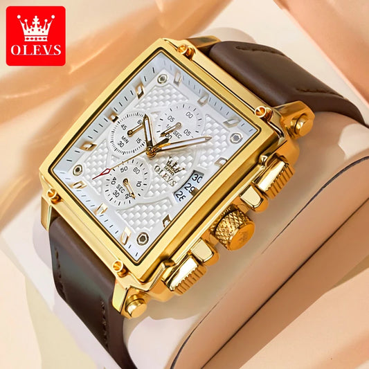 OLEVS Men Quartz Chronograph Watch Waterproof Leather Band Rectangle Case
