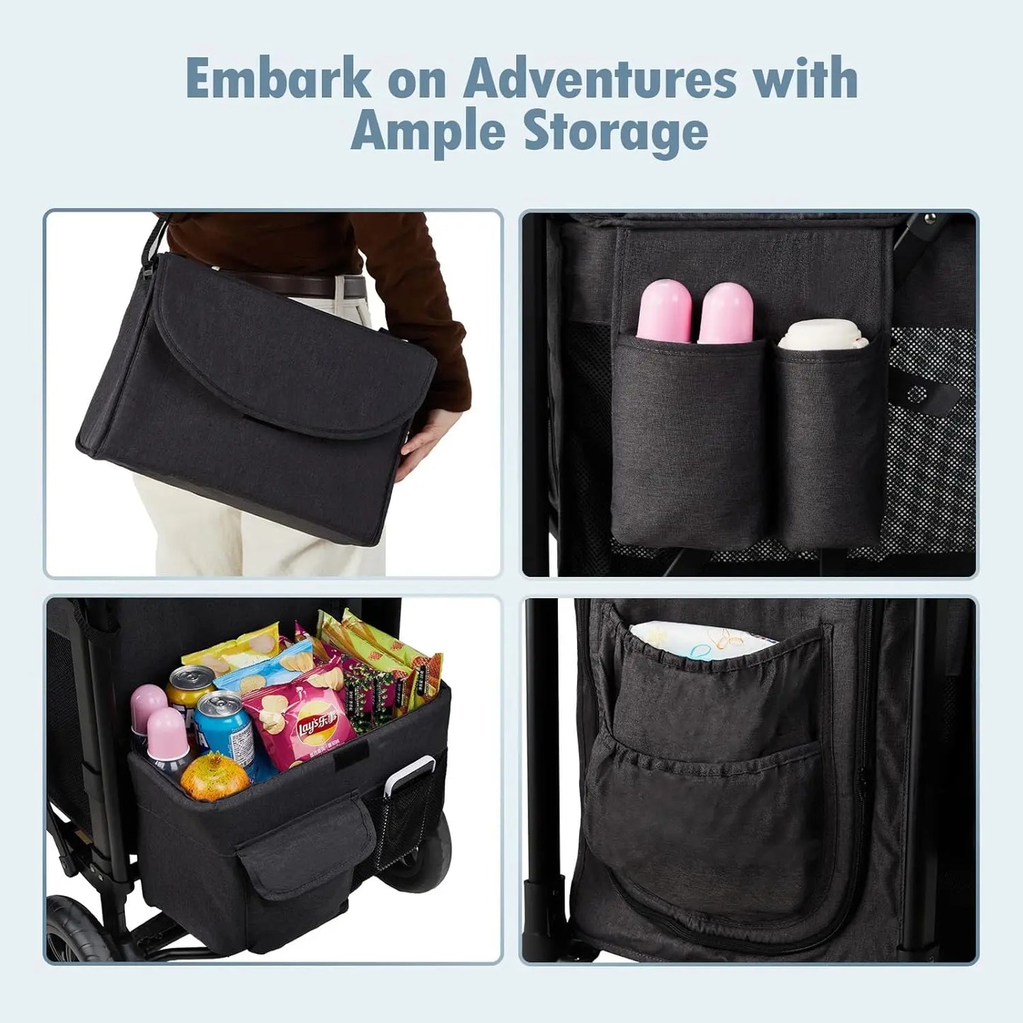 Wagon Stroller for 2 Kids High Seat and 5 Point Harness Foldable All Terrain Wagon for Toddler with Canopy Parent Organizer Adjustable Handlebar Black