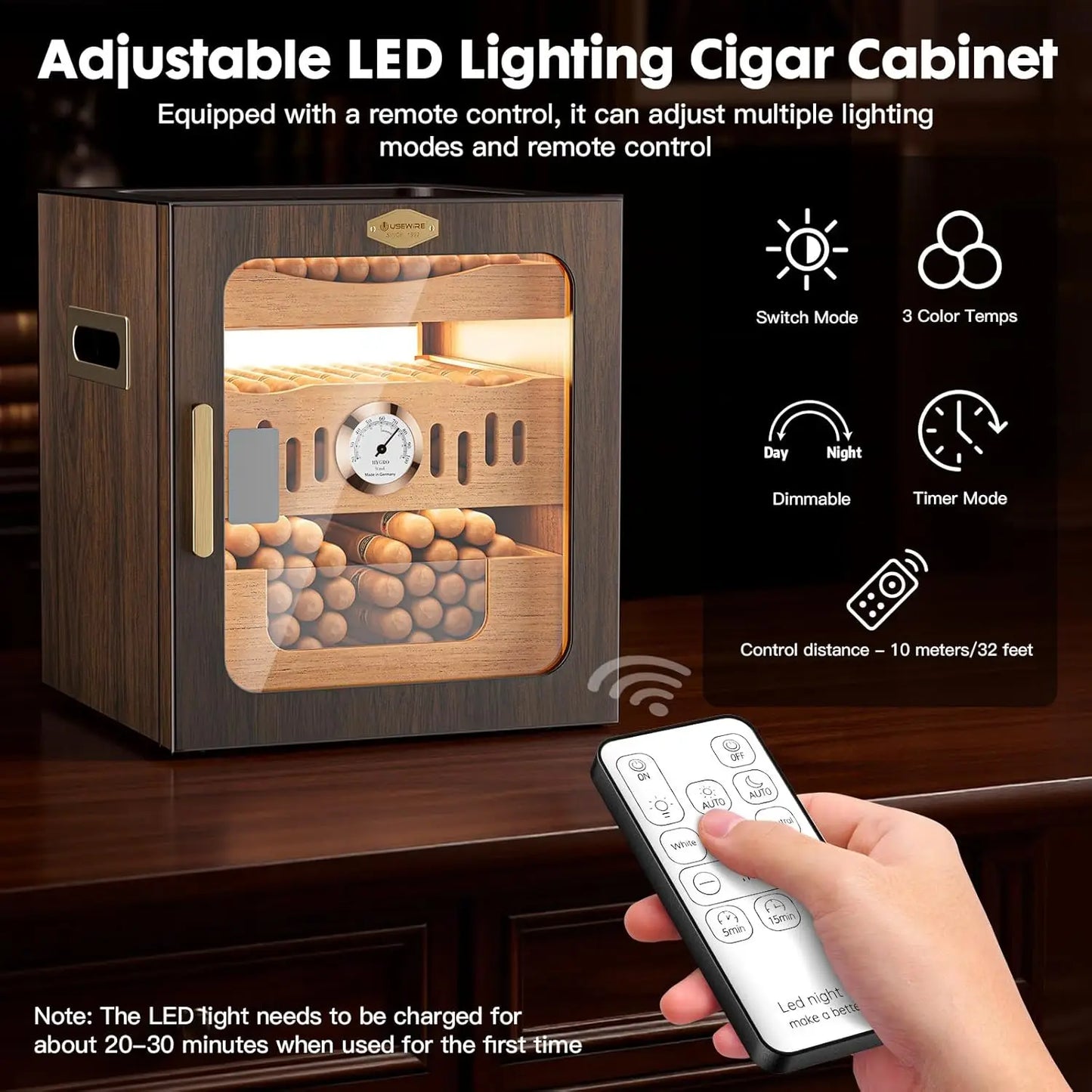 Walnut Cigar Humidor Cabinet LED Lighting Remote Hygrometer Case And Cutter