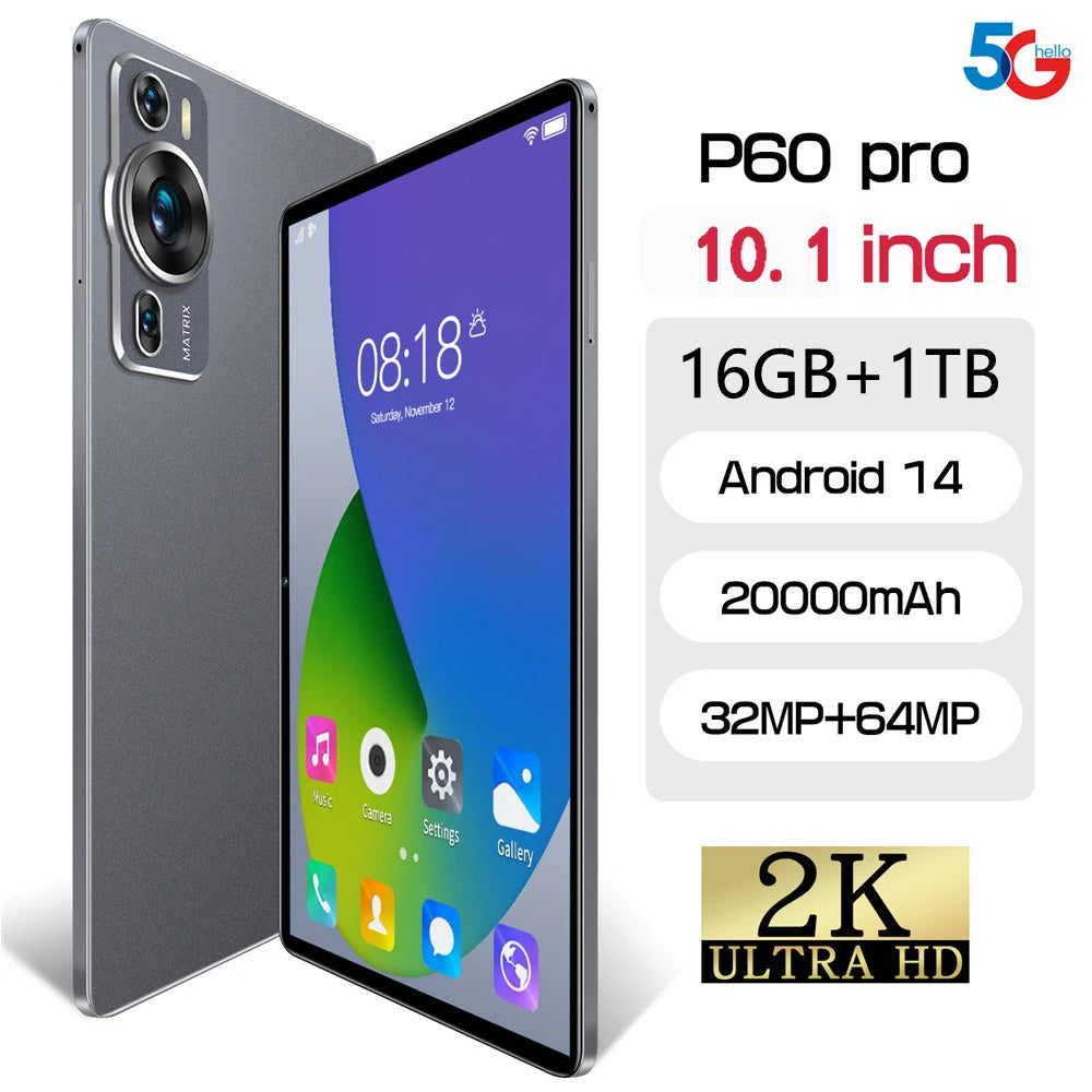 New Original P60 Pro 4G 5G Dual Sim Tablet Android 14 kids Tablet 10.1''HD Screen 20000mAh 22GB+2TB Tab Tablets PC With keyboard