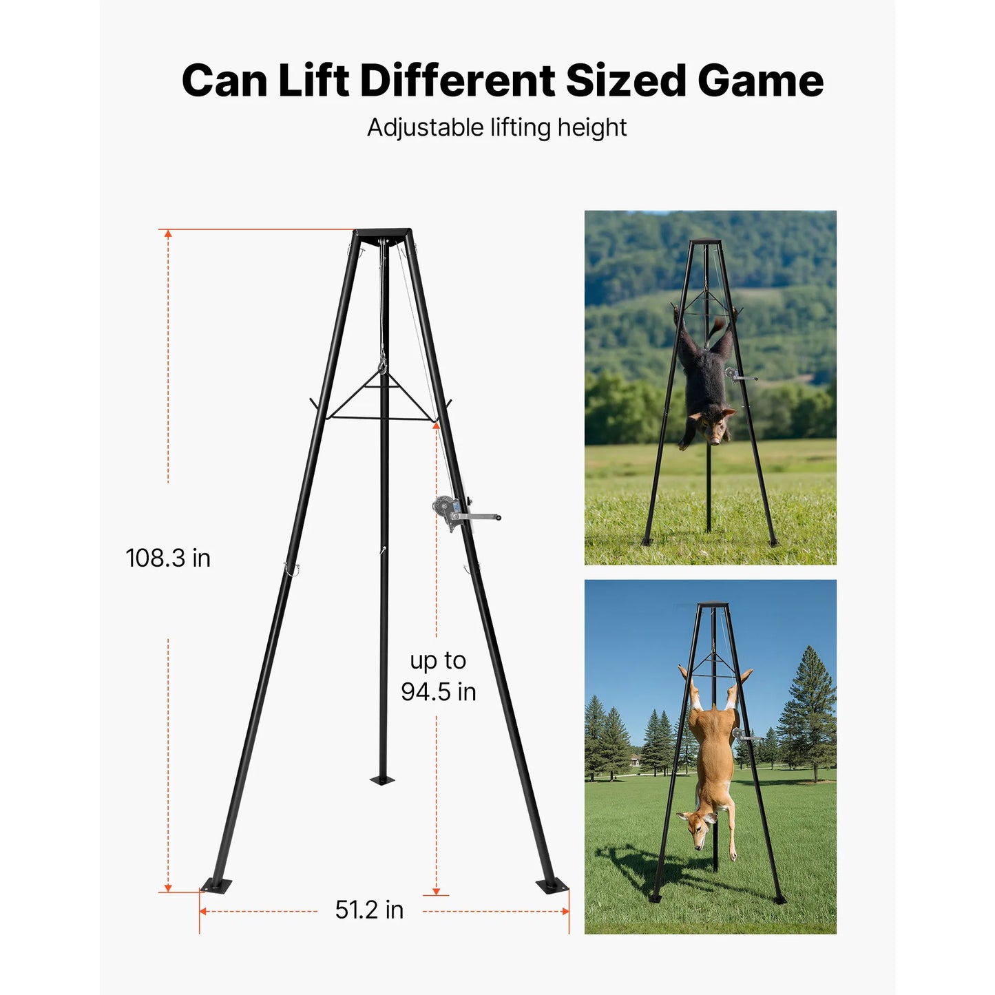 SucceBuy 500 lbs Tripod Deer Hoist Winch Lift with Gambrel & Manual Winch Hunting Game Hoist for Cleaning Skinning and Moving