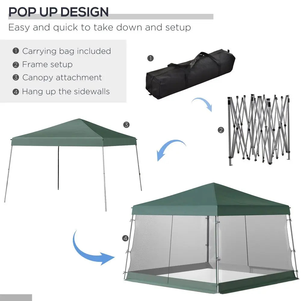 Instant Pop Up Slant Leg Canopy Tent Green Netting Height Adjustable Sun Shelter with Carry Bag for Outdoor Garden Patio Parties