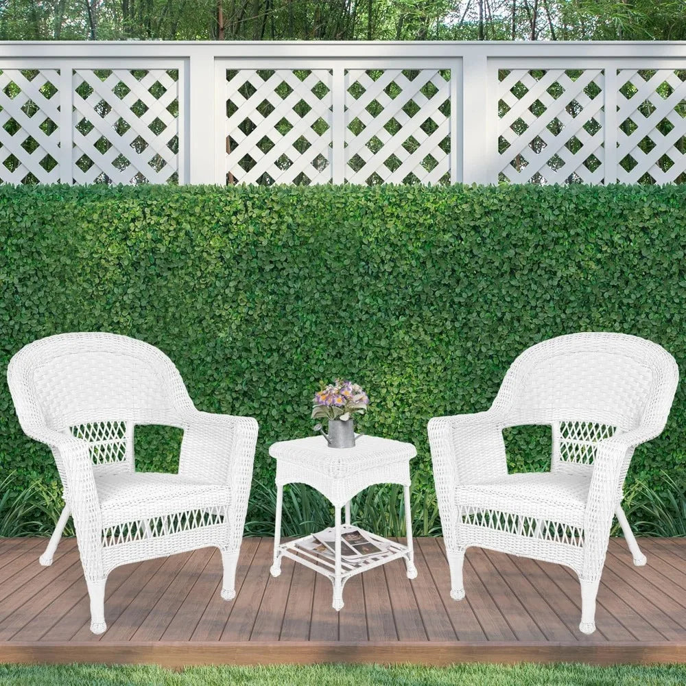 3 Piece White Wicker Chair and End Table Set Without Cushion