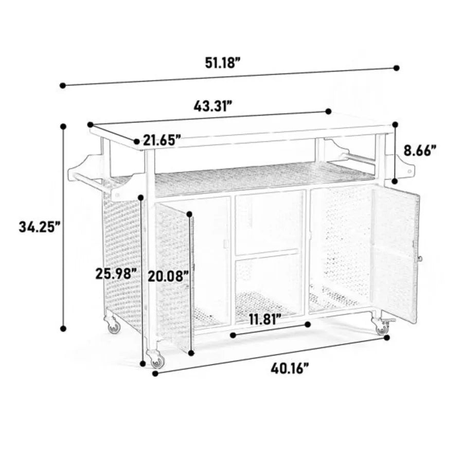 Large Bar Cart Outdoor Kitchen Wicker Island Rolling Cart Storage Cabinet with Wheels and Stainless Steel Extended Table Top