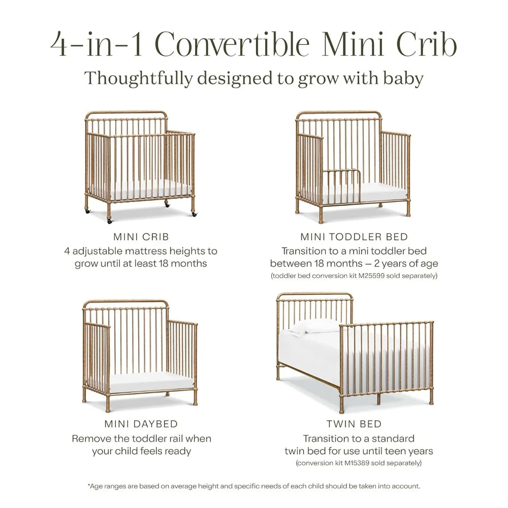 Winston 4 in 1 Convertible Mini Crib with Removable Wheels Vintage Gold GREENGUARD Gold Certified 4 Adjustable Heights