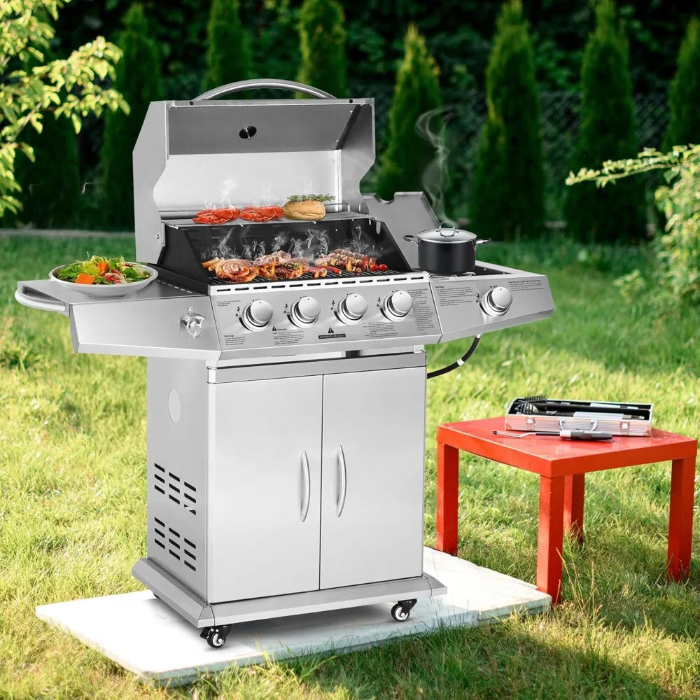 propane gas grill 4 burners with side burner, stainless steel grill cart with wheels for outdoor patio garden backyard cooking