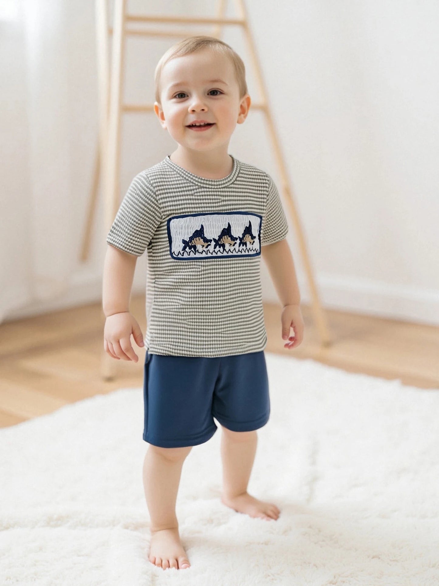 Toddler Boys Summer Fish Embroidered Tee And Shorts Set