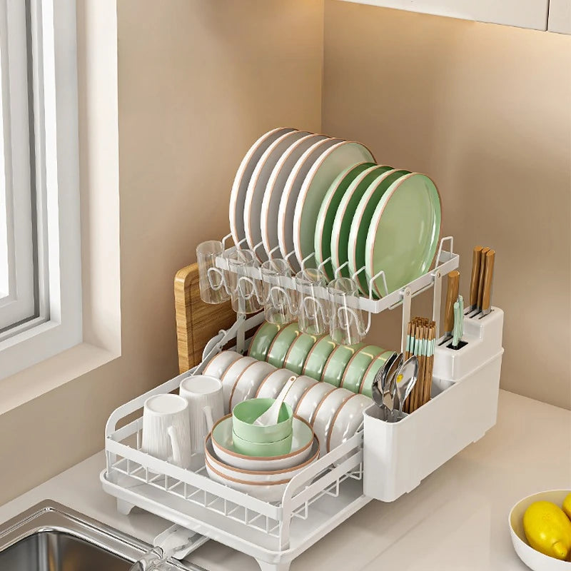 Kitchen Dish Rack 2 Tier Dish Drying Rack with Automatic Drainer Utensil Rack Cup Rack Large Dish Drainer for Kitchen Countertops Space Saving Durable