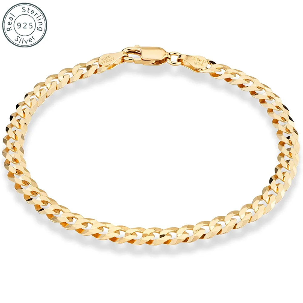 14K Gold Plated 5/7mm Locomotive Men Punk Rock Curb Cuban Link Chain 925 sterling silver Bracelet for Women Biker Jewelry Gift