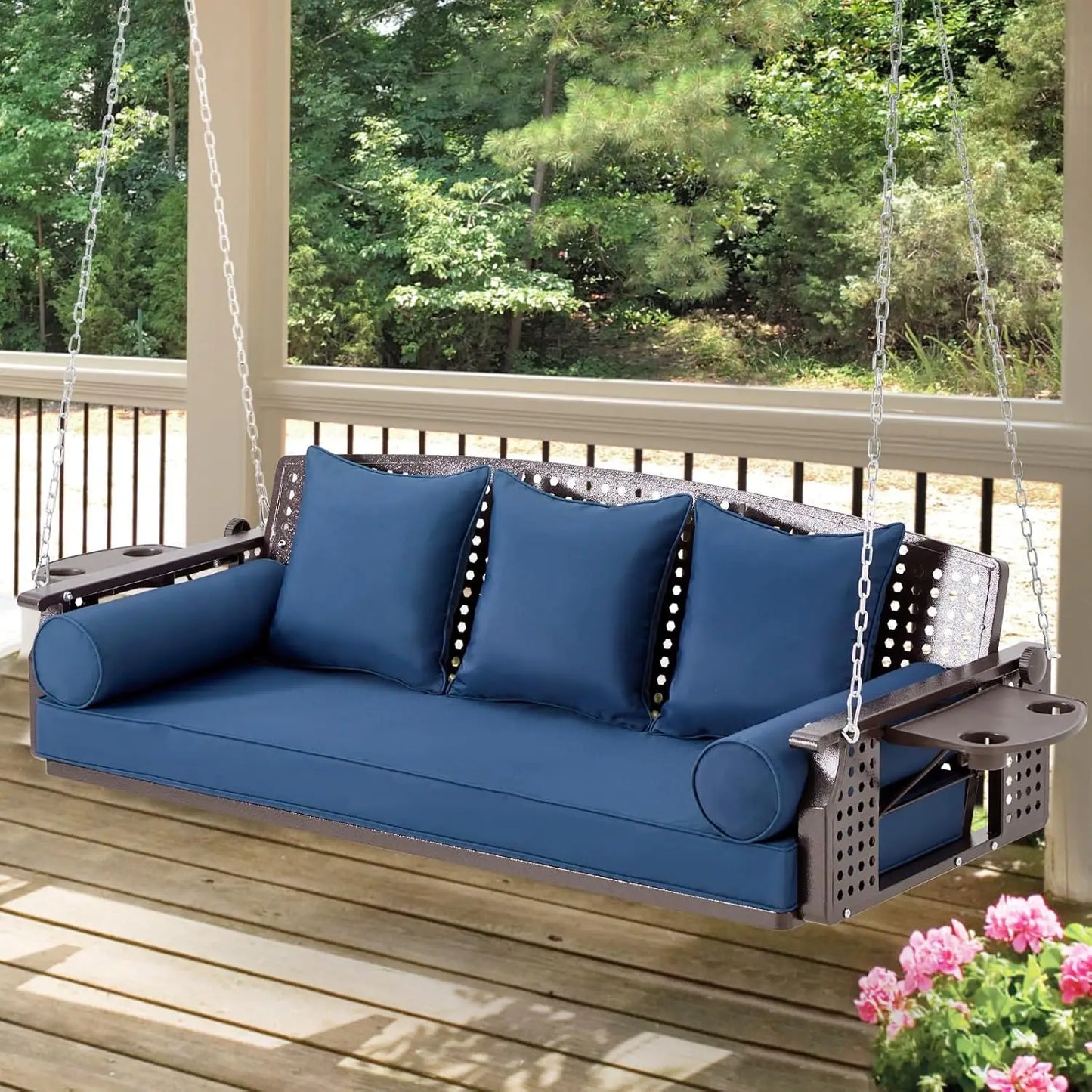 3 Seat Porch Swing With Cup Holders And Back Cushions For Deck Garden