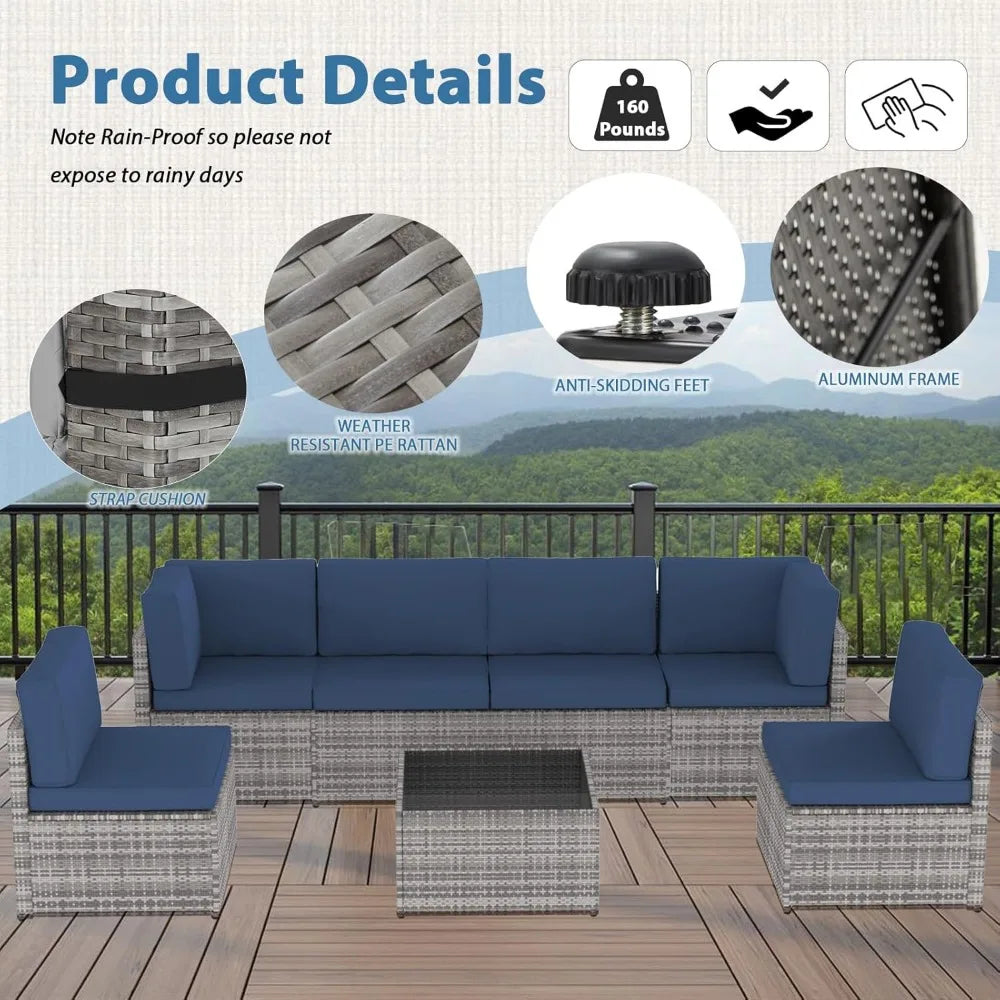 7 Piece Outdoor Patio Furniture Set Sectional Conversation Sofa with Coffee Table L Shape Design for Garden and Deck
