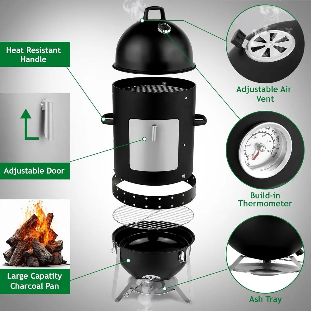 19 Inch Charcoal Smoker, 3-in-1 Vertical Bullet Smoker, Heavy Duty Meat Smokers Grill with Built-In Thermometer, Air Vent, And 2