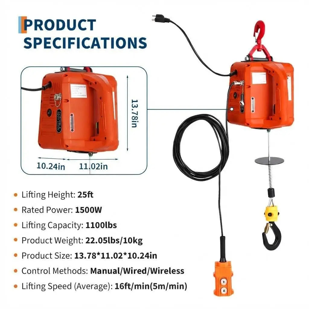 3 In 1 Electric Hoist Winch 1500W 110V Portable Remote Control Crane 1100 Lb