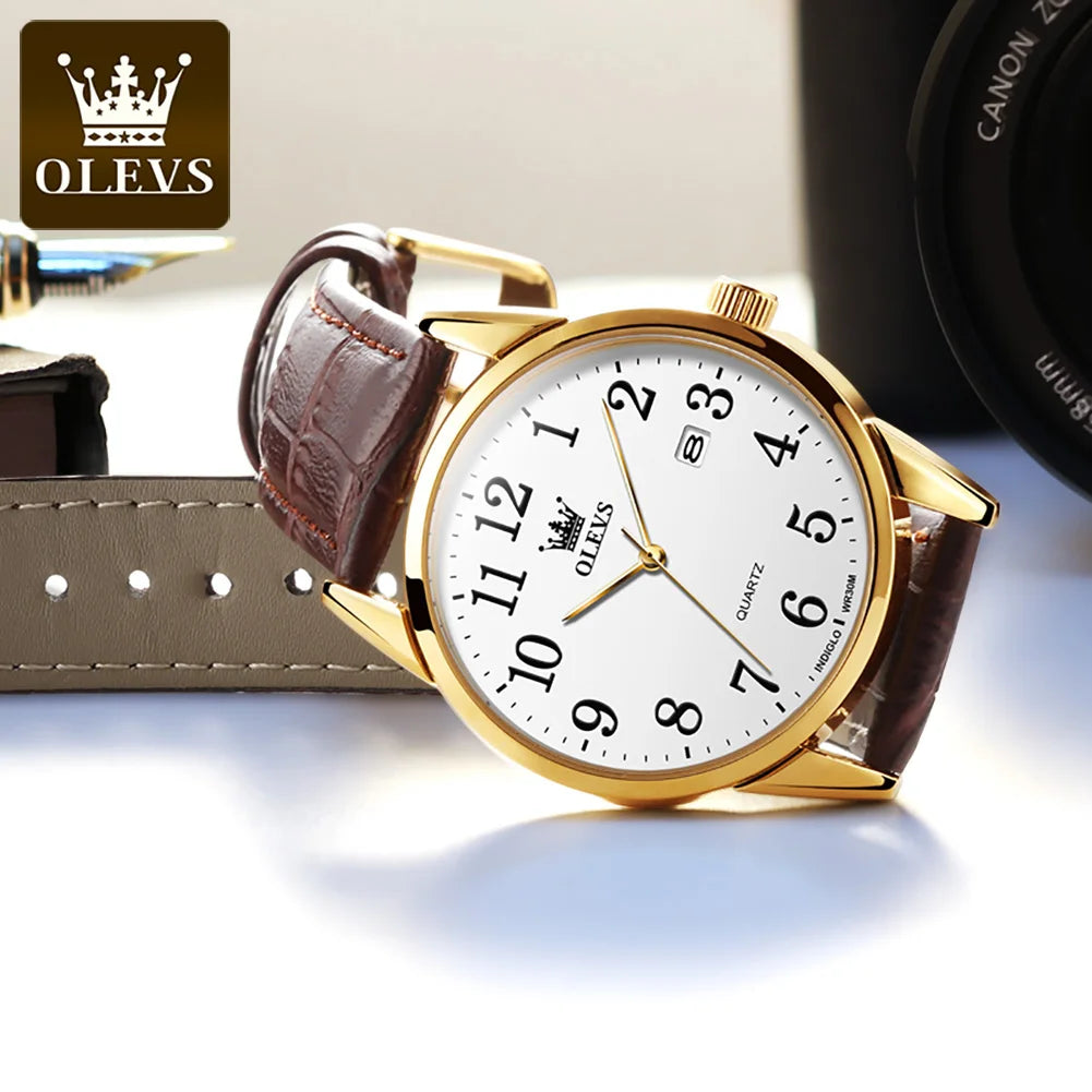 OLEVS Fashion Quartz Watch for Men and Women Leather Strap Waterproof Original Arabic Numeral Scale Perfect Gift for Elders