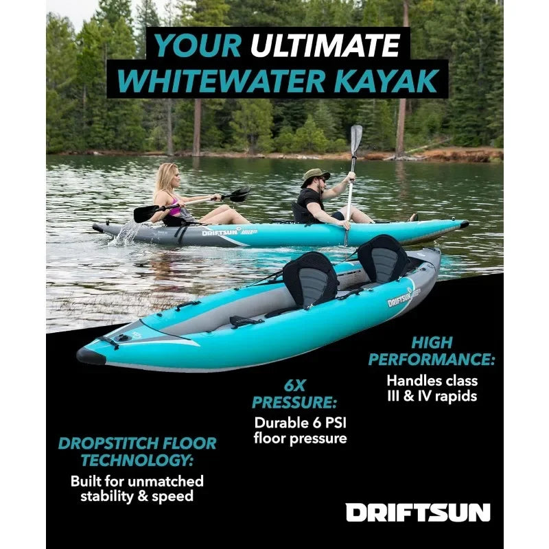 Driftsun Rover 120 Inflatable Kayak Single Rider High Pressure Floor Padded Seats White Water Kayak