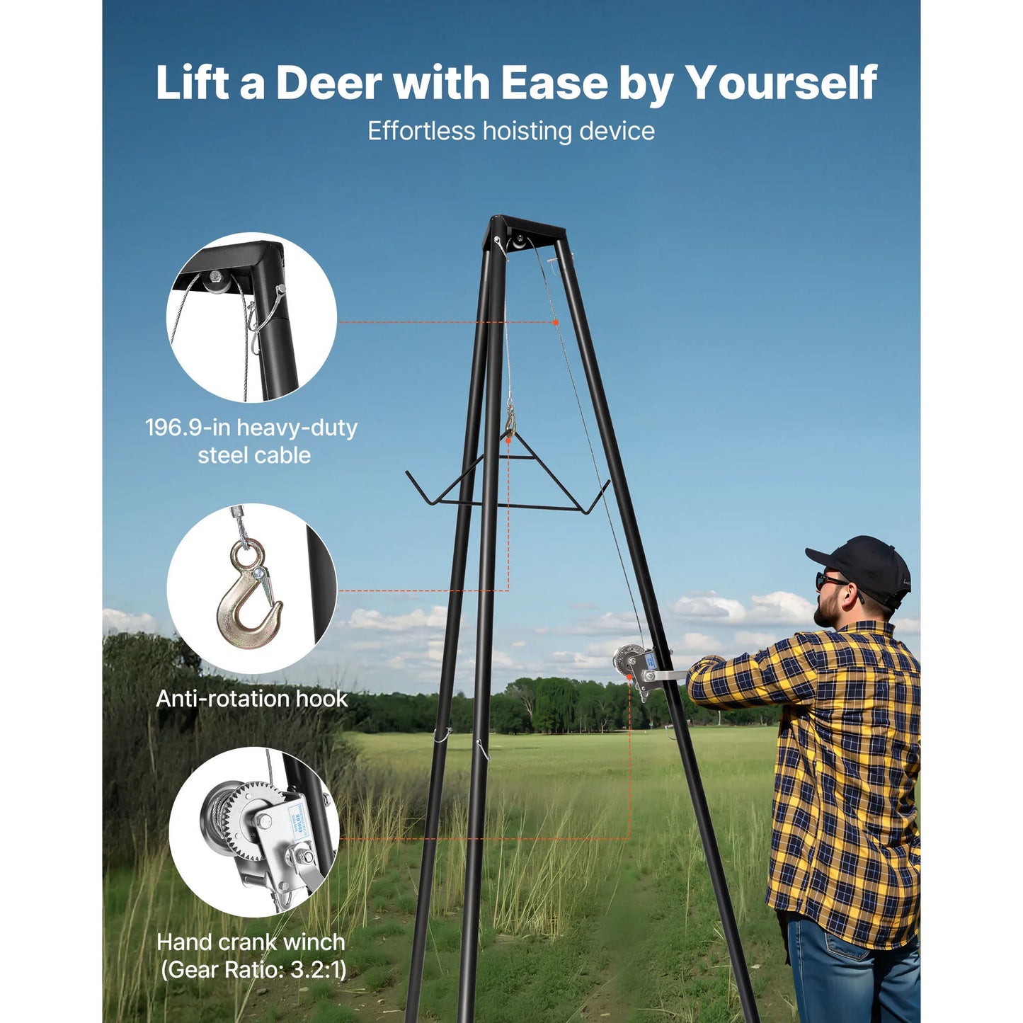 SucceBuy 500 lbs Tripod Deer Hoist Winch Lift with Gambrel & Manual Winch Hunting Game Hoist for Cleaning Skinning and Moving