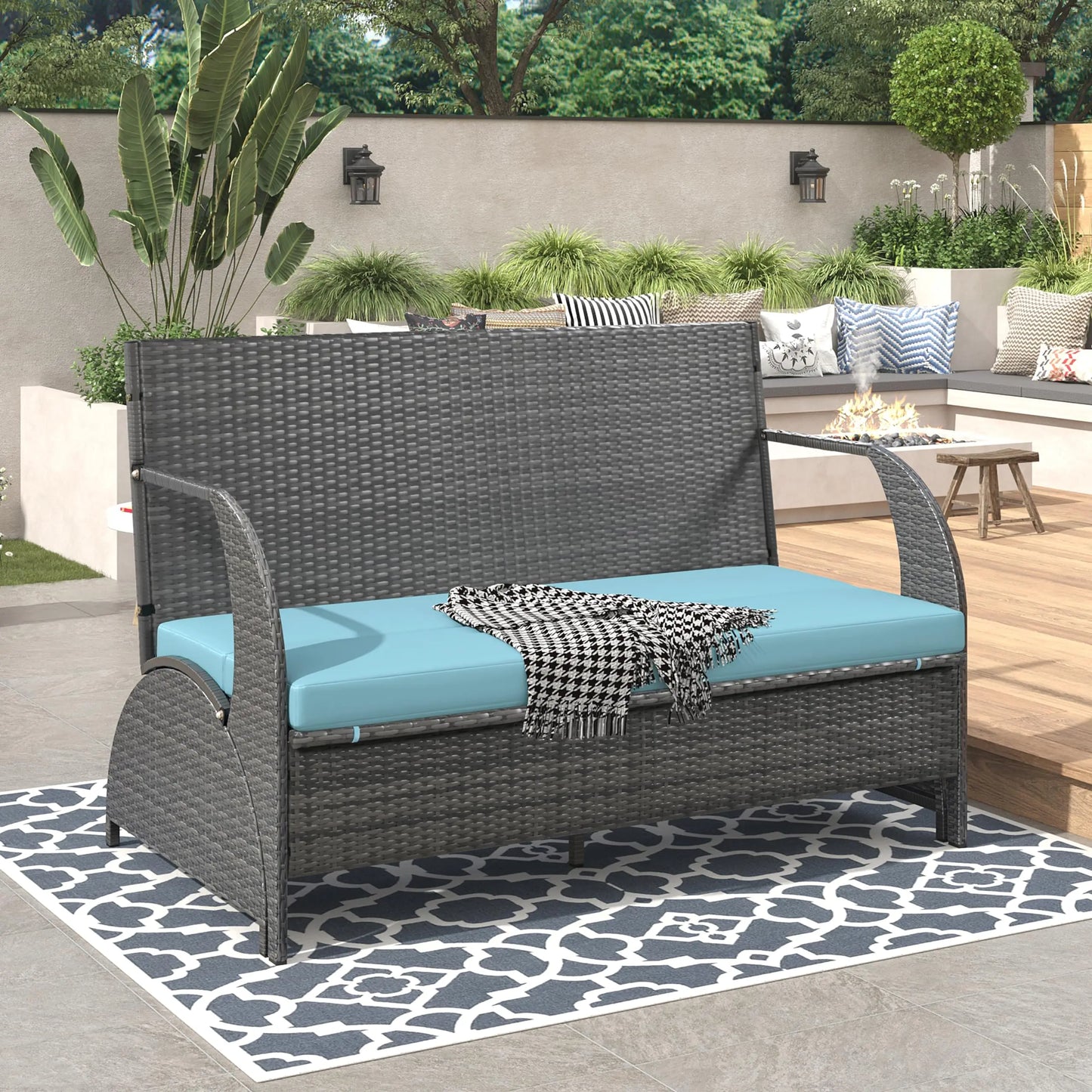 Outdoor Rattan Loveseat Convertible Bench Set Converts To 4 Seats And Table