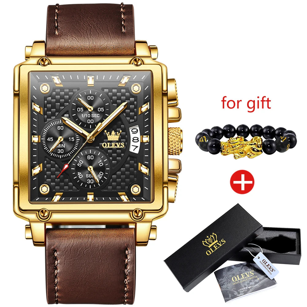 OLEVS Men Quartz Chronograph Watch Waterproof Leather Band Rectangle Case