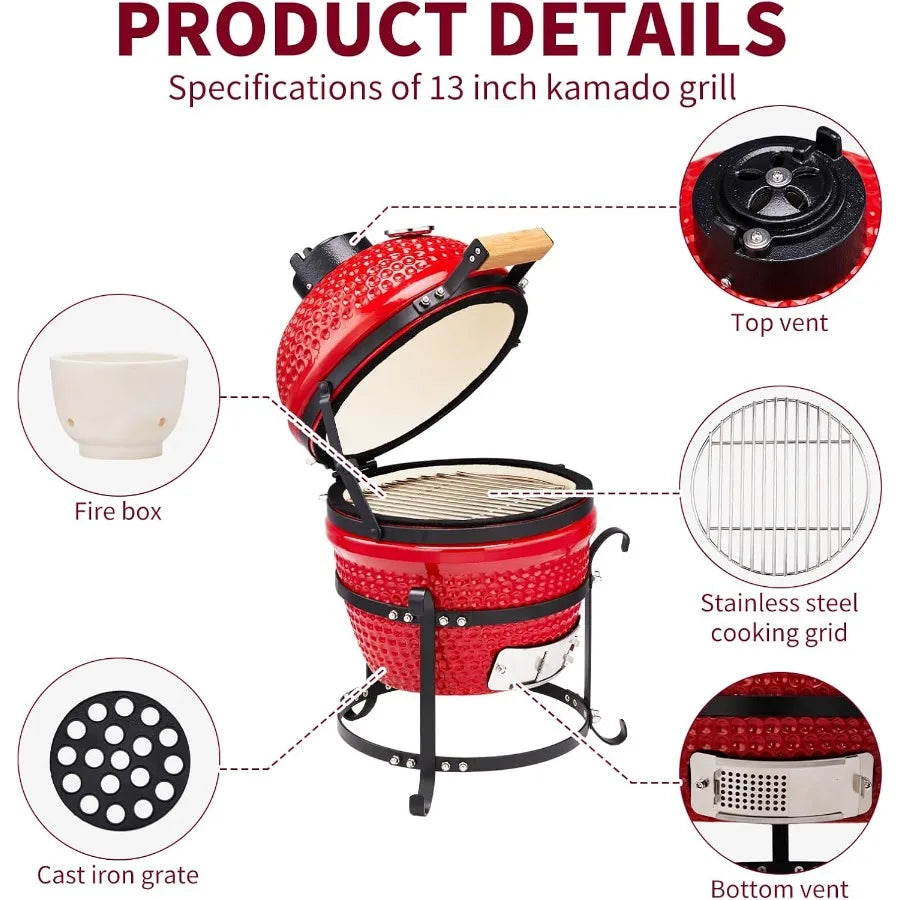 13 Round Kamado Charcoal Grill Portable Ceramic Barbecue Built In Thermometer