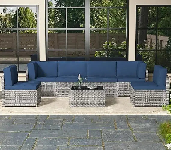 7 Piece Outdoor Patio Furniture Set Sectional Conversation Chair with Coffee Table L Shape Garden Set