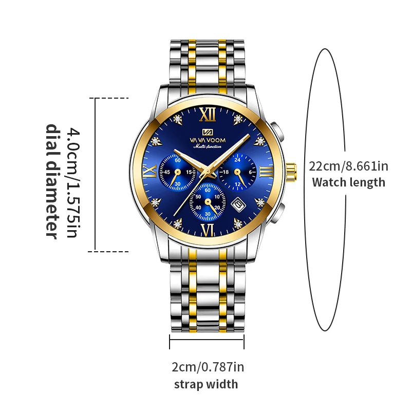 Va Va Voom Men's Multifunctional Watch Fashionable Stainless Steel Strap Blue Gold Rhinestone Casual Sports Timepiece